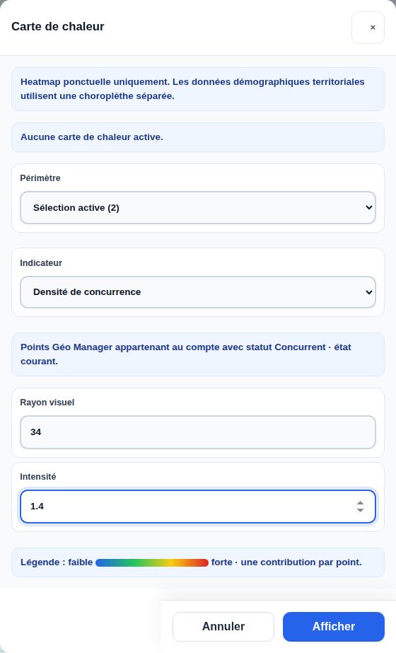 Configuration de carte de chaleur avec périmètre, indicateur, source, rayon et intensité