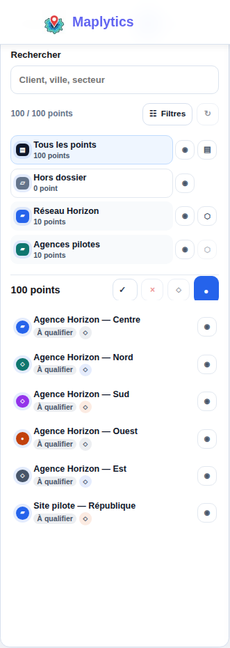 Barre latérale Geo Manager avec dossiers et points organisés